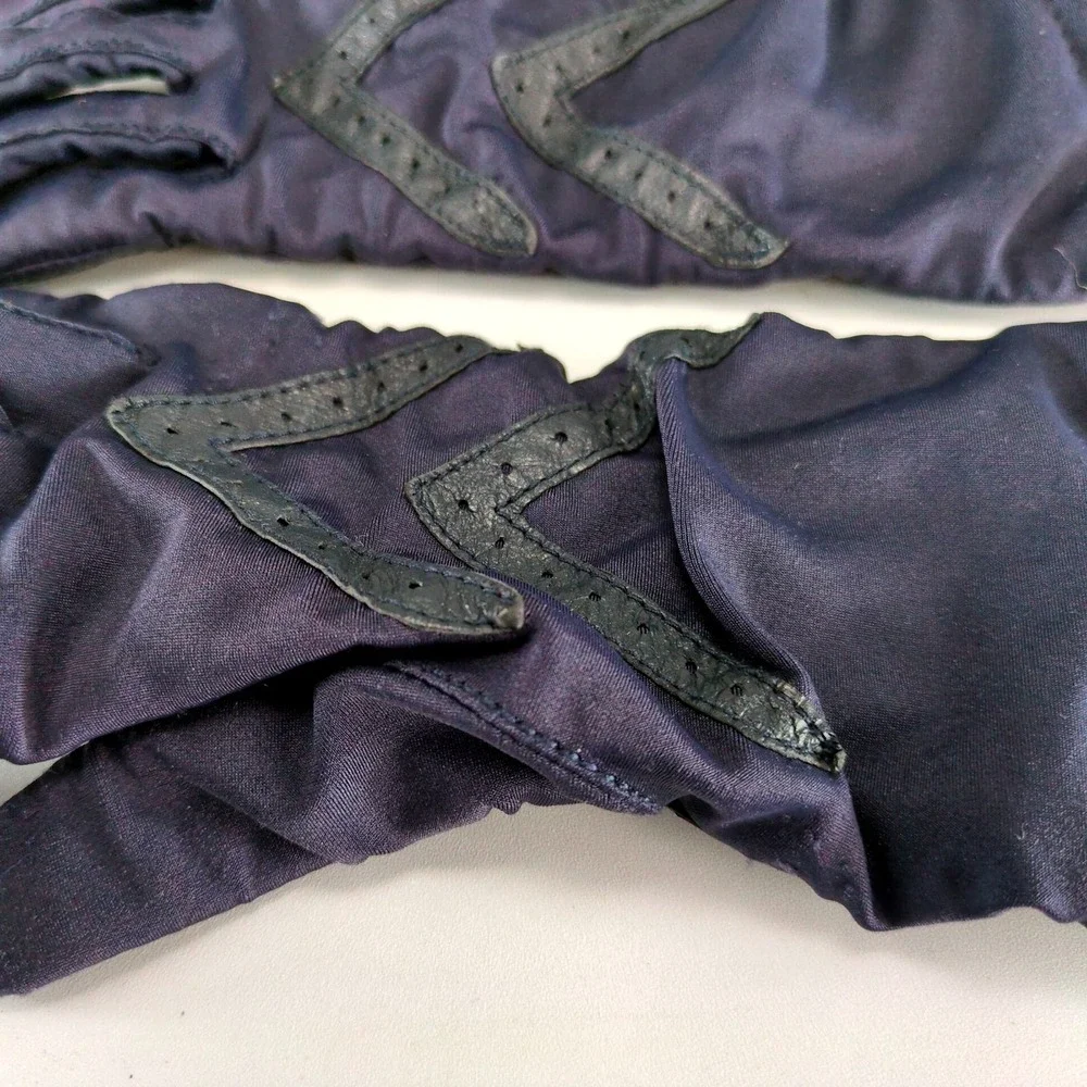 Vintage Isotoner Hands Beautiful Navy Stretch Gloves Long Cuff Leather‎ Trim OS
